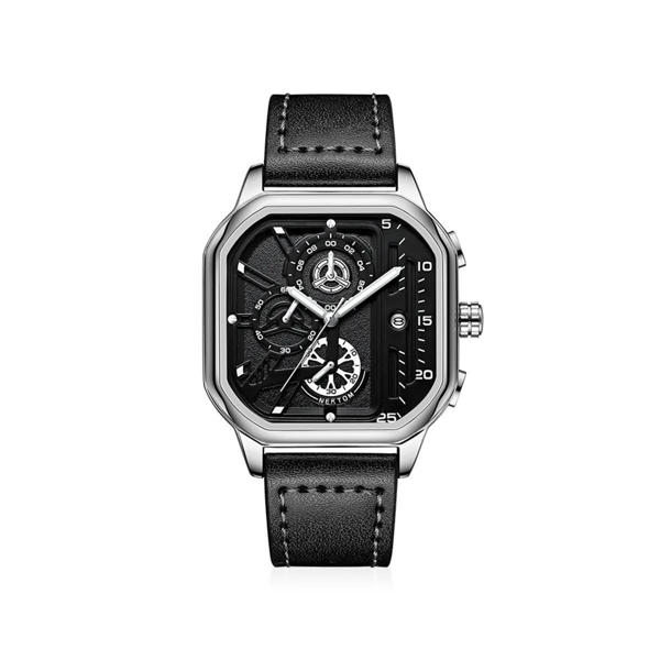 Picture of NEKTOM 8236 Top Luxury Square Leather Luminous Date Wristwatch for Men’s- Black & Silver