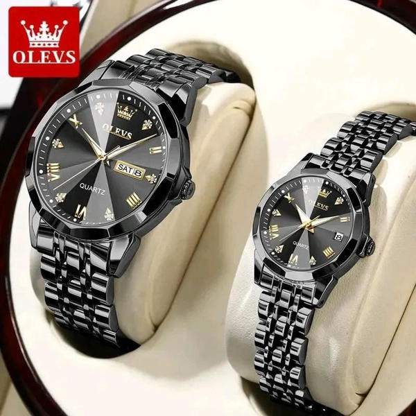 Picture of OLEVS 9931 Trendy Korean Style Luminous Calendar with Individual Gift Box Couple Watch- Black