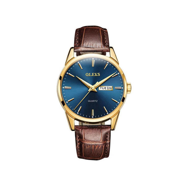 Picture of Olevs 6898 minimalist design leather strap watch for Men’s- Brown & Blue