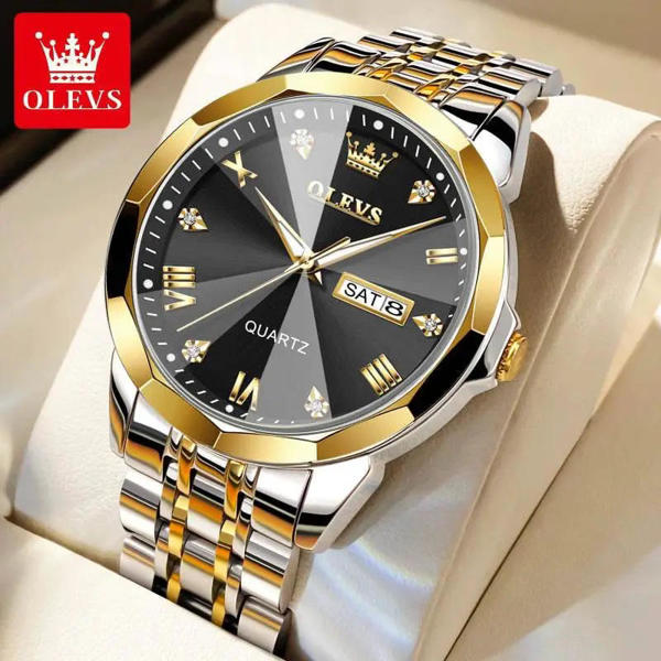 Picture of Olevs 9931 New luxury Fashion stainless steel imported quartz movement wrist-watch for Men- Silver Gold & Black