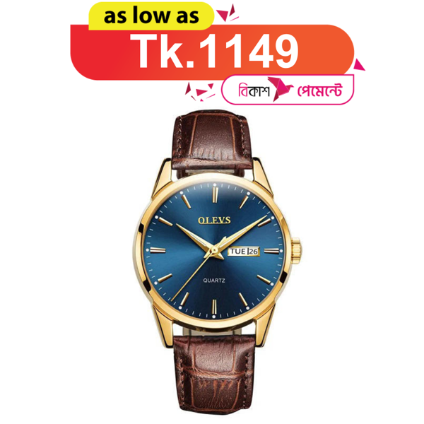 Picture of Olevs 6898 Luxury Leather Strap Quartz Men’s Watch – Brown & Blue