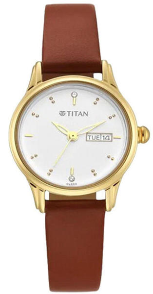 Picture of Titan Lagan White Dial Analog with Day and Date Leather Strap Women’s Watch (NT2656YL01)